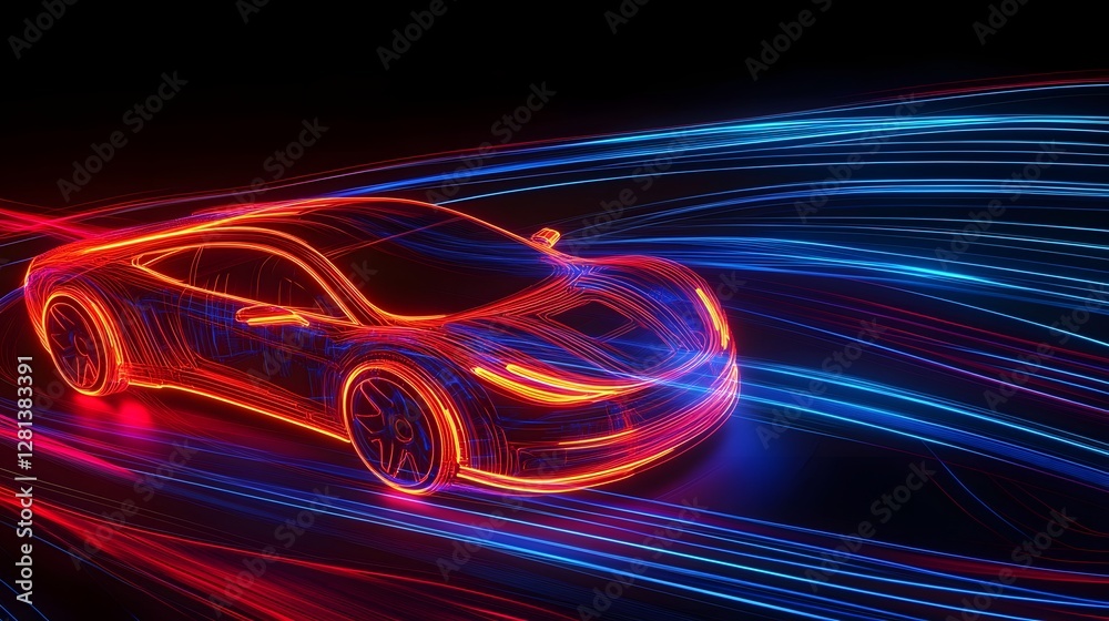 Leinwandbilder sleek and futuristic electric sports car speeding through a vibrant neon lit environment with blurre