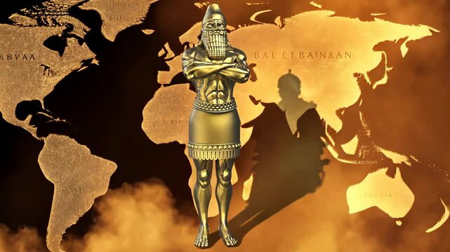 A golden statue dream of an ancient empire king with a world map in the background Biblical Prophecies World Empires 4K