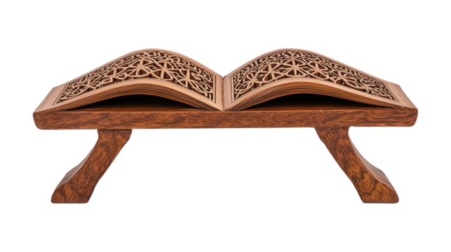An ornately carved wooden rehal, open and ready to hold the Quran