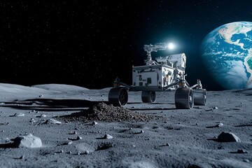 Lunar Rover Collecting Soil Samples on the Moon Surface