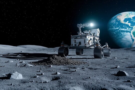 Lunar Rover Collecting Soil Samples on the Moon Surface