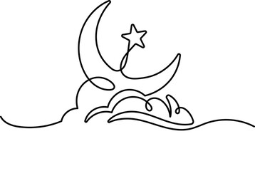 Moon, stars and clouds one line drawing with editable stroke on white isolated background. Vector illustration