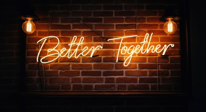 Illuminated neon sign on brick wall displaying 'better together' with hanging bulbs - Powered by Adobe