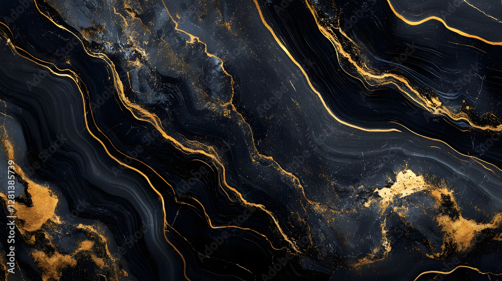 Poster Striking abstract marbled texture with flowing dynamic gold and black swirl patterns in a premium luxury digital art aesthetic  Suitable for use as a stylish background banner website header