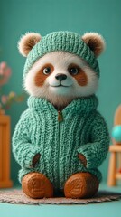 Fototapeta premium Sophisticated Anthropomorphic Characters in Modern Settings Cute Baby Panda in Knitted Hat and Sweater