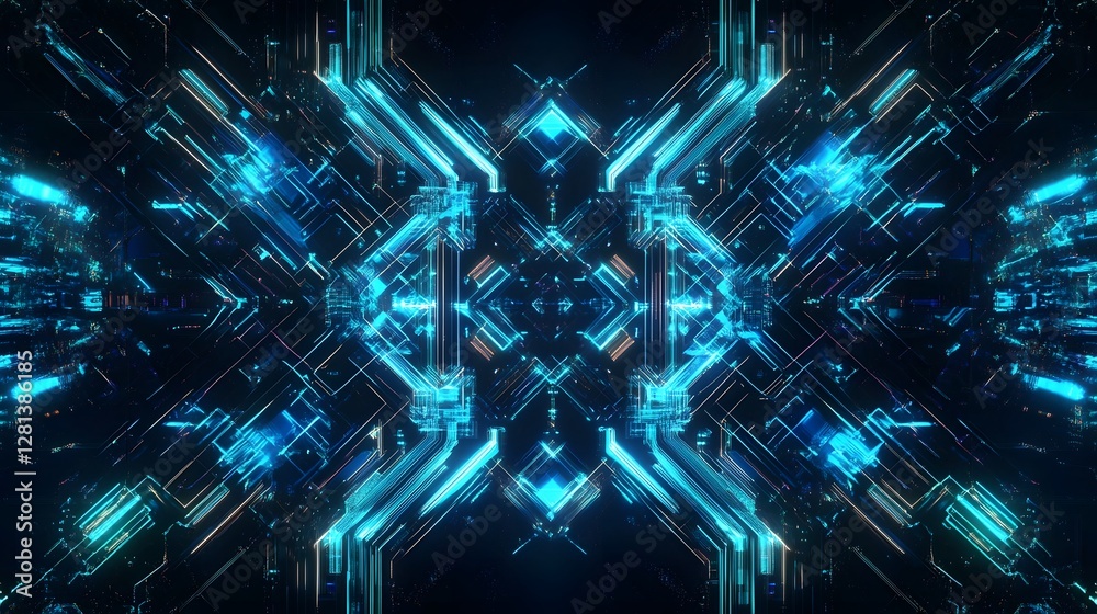 Poster Striking futuristic abstract digital artwork featuring a complex geometric pattern with glowing neon like lights vibrant colors and a surreal ethereal atmosphere