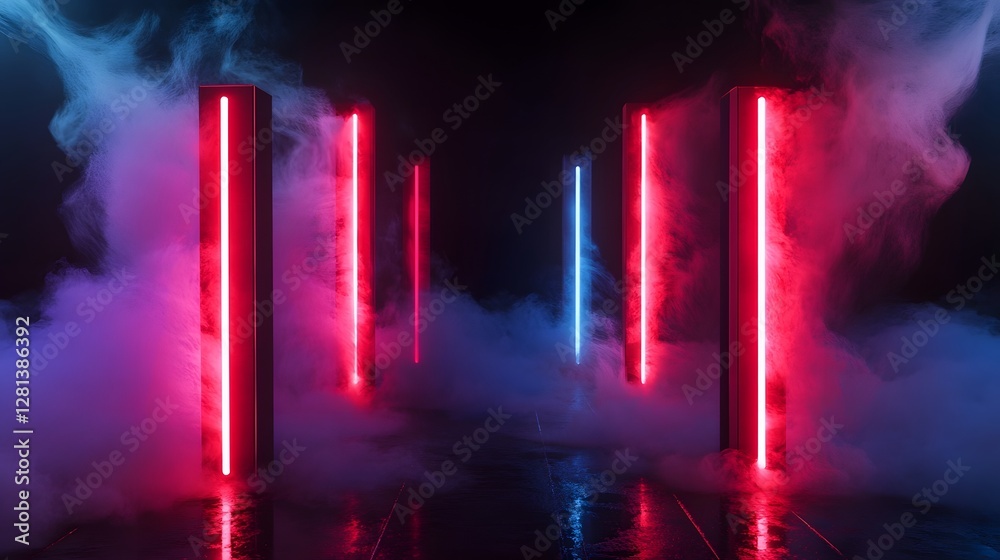 Aufkleber Striking image of a dark moody scene featuring glowing neon lights in various colors creating a surreal futuristic atmosphere  The lights are reflected in a smoky enigmatic environment