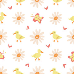 Seamless pattern with cute yellow ducklings, daisies, butterflies and hearts. Delicate ornament for children clothes, sunny spring ornament for textiles, packaging, wrappers.