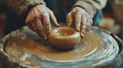 Hands covered in clay demonstrate mastery as they shape a delicate bowl on a spinning potter's wheel. The warm atmosphere of the workshop enhances the artistry in every movement.