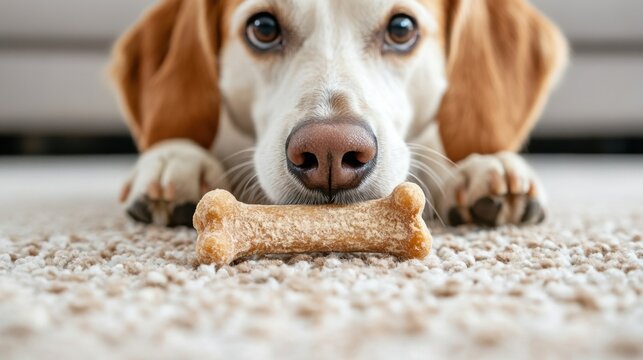 Playful beagle dog with a bone living room pet cozy indoor environment close-up view canine companionship and joy - Powered by Adobe