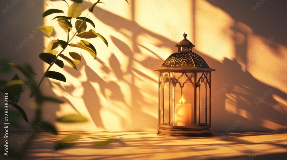 Poster soft light flickers from a beautiful muslim lantern, illuminating the surrounding area and casting d