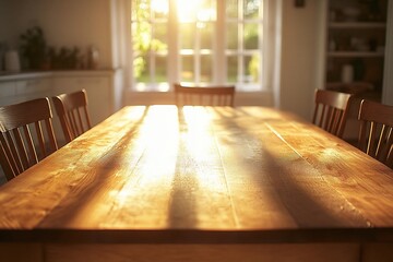 Fototapeta premium Empty wooden table in bright kitchen, sunny window in background, use for interiors
