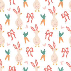 Easter seamless pattern with cute rabbit-eared ducks, carrots and bows, a funny story for a festive background. Easter wrapping paper, children textiles, wallpaper, packaging. Cute little animals.