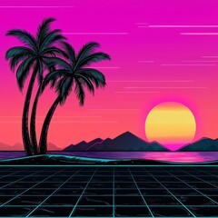 Naklejka premium minimal photostock of a beautiful sunrise view with view of palm trees and mountains retro neon color , isolated on white background, , copy space, copy space for text,