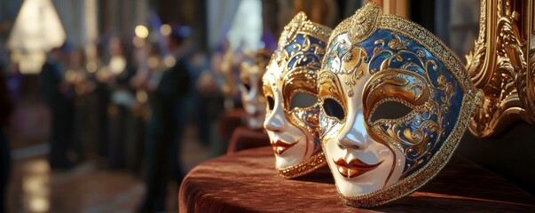 Obraz premium Intricately designed masquerade masks are displayed elegantly in a lavish setting, hinting at a mysterious and festive atmosphere.