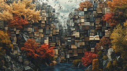 A breathtaking landscape constructed from books with autumn trees nearby