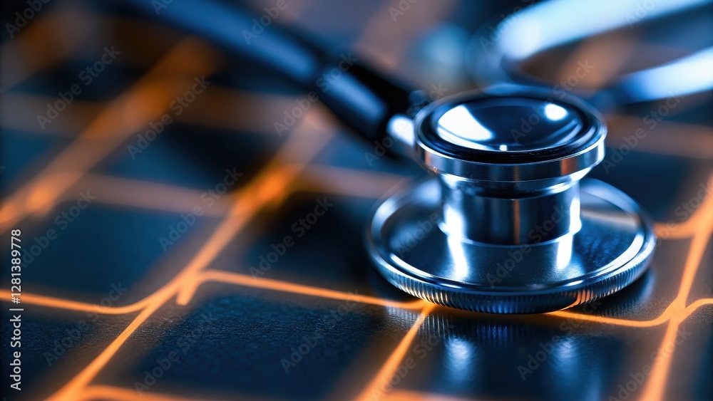 Poster close-up of a stethoscope on a grid background, symbolizing healthcare and technology.