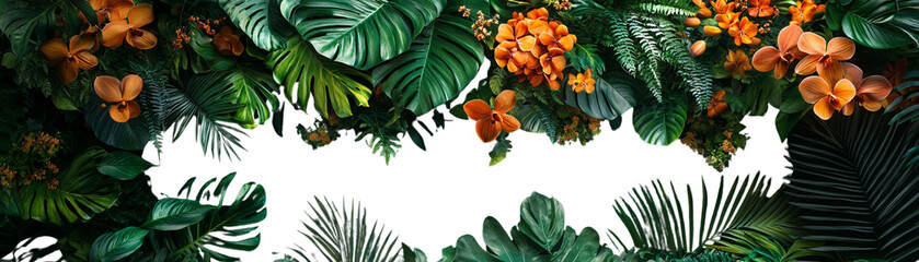 Fototapeta premium Vibrant tropical leaves and flowers on a black background.