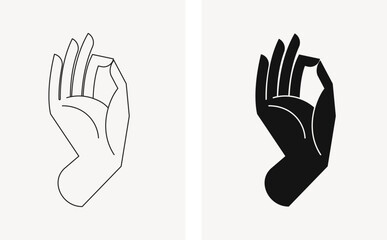 Hand of Buddha. Buddhism symbol, Yoga mudra, Hinduism, Spirituality. Black and white illustration