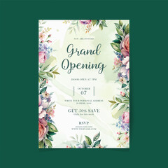 Grand opening party invitation illustration template decorated with floral design with elegant flowers
