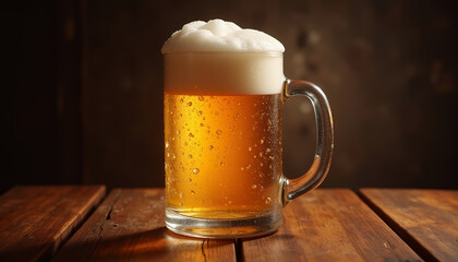 Frosty beer mug with foam on wooden table, cold beer mug with condensation close-up, golden beer in glass mug with bubbles