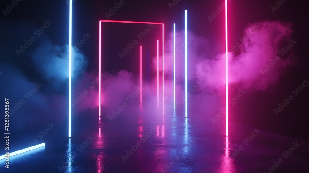 Leinwandbilder Stunning neon lit futuristic tunnel with vibrant geometric lighting and colorful reflections against a backdrop of smoke and mist creating a captivating modern and mysterious atmosphere
