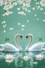 Gentle swans interact in a serene pond, perfect for nature-inspired decor during spring festivities or tranquil-themed marketing campaigns.