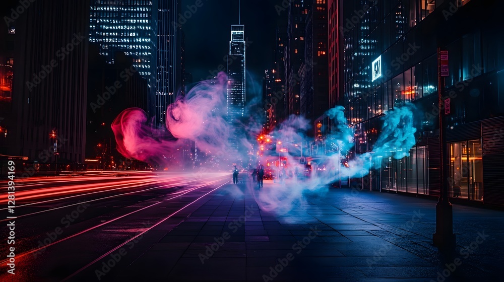 Poster surreal and visually striking night scene in a modern city with ethereal smoke or vapor vibrant neon