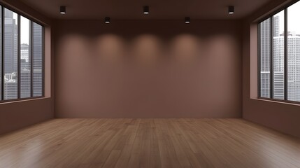 Fototapeta premium Empty Modern Room with Brown Walls and Wooden Floor City View
