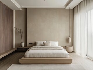 A modern bedroom showcases a minimalist design and simple elegance