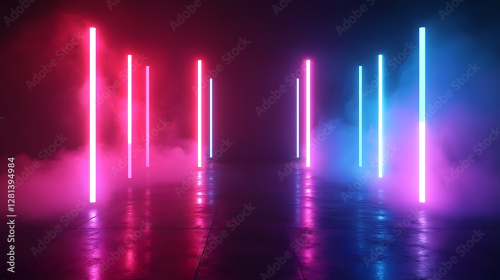 Aufkleber surreal and mesmerizing scene of a futuristic architectural corridor bathed in vibrant glowing neon 