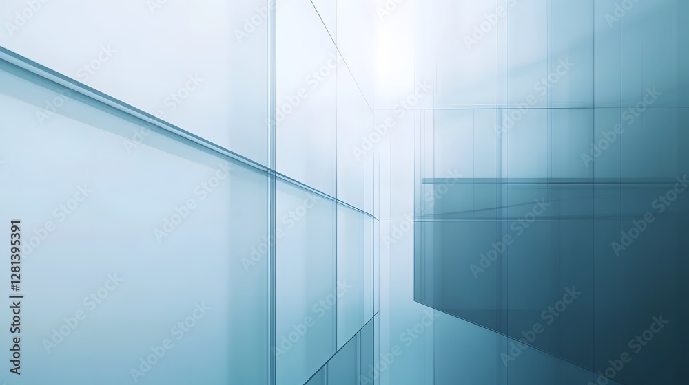 Fototapete Symmetrical glass corridor with minimalist architectural design in a modern office building featuring clean lines shapes and a monochrome color palette creating a sleek futuristic