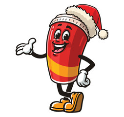 Soft drink cup character mascot cartoon wearing a Christmas hat