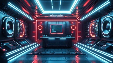 Obraz premium Futuristic Music Studio: Neon Lights and Advanced Technology