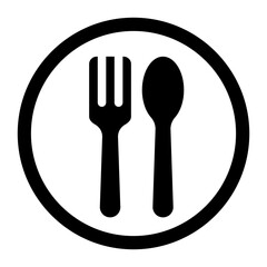 restaurant or dining icon featuring a fork and spoon inside a circular outline symbolizing food meals or eateries.