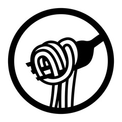 white pasta icon featuring a fork twirling spaghetti inside a circular outline symbolizing Italian cuisine or noodle dishes.
