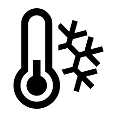 A black and white cold temperature icon featuring a thermometer with a snowflake symbolizing cold storage refrigeration or frozen food.