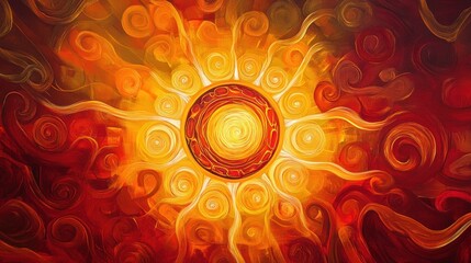 Abstract swirling sun artwork with fiery colors and radiant light.