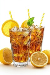Refreshing iced tea with lemon and mint in tall glasses on a bright white background perfect for summer refreshment