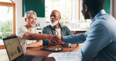 Handshake, thank you and old couple with financial advisor for retirement fund, fraud protection...