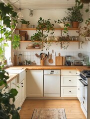 Fototapeta premium A bright sunny kitchen filled with many different houseplants and decor