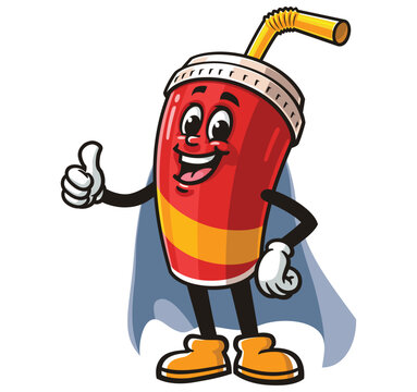 recommend clip art: Soft drink cup character mascot cartoon with caped superhero style