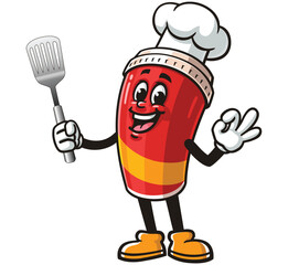 Soft drink cup character mascot cartoon holding a spatula and wearing a chef's hat