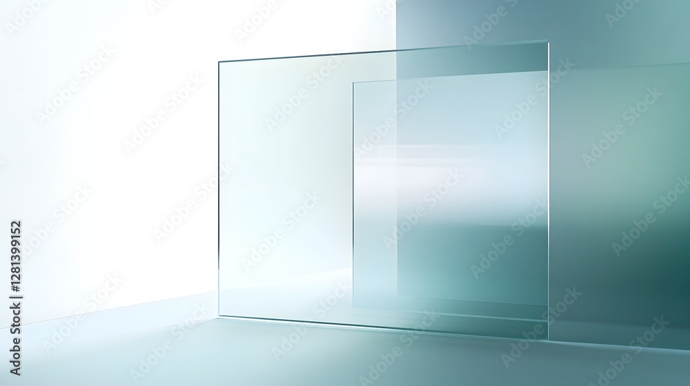 Aufkleber transparent glass panels positioned in a bright minimal studio setting creating a clean contemporary
