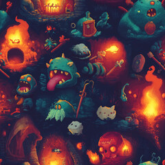 a whimsical illustration filled with various monsters, fiery elements, and playful details.