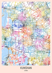 Kunshan China City Map, downtown tourism, house art travel, scenic metropolis concept, travel art city, patriotic abstract banner