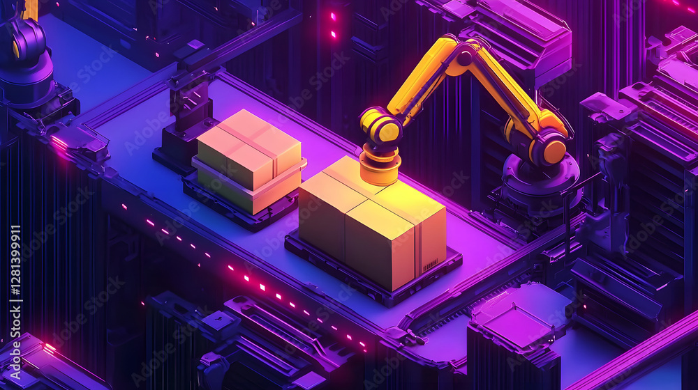 Wall mural isometric automated robot arms. smart automated robotic arms holding box in a warehouse. modern logi