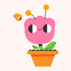 Cute flowers in the pot with bird. Mascot. Trendy vector illustration.