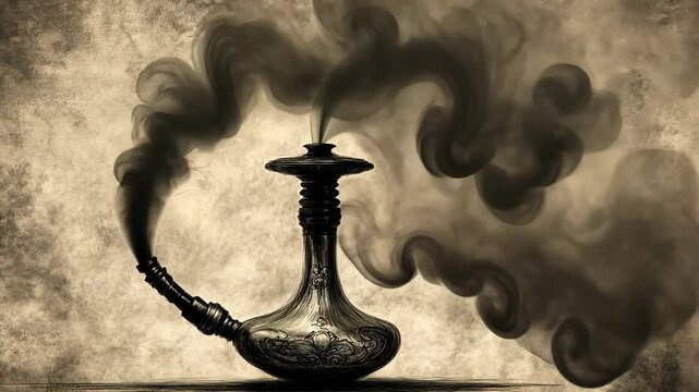 Decorative hookah emitting swirling smoke in a vintage style setting creates an intriguing atmosphere