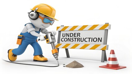 A cartoon construction worker operates a jackhammer beside a "Under Construction" sign and safety cones, representing ongoing work and safety measures.